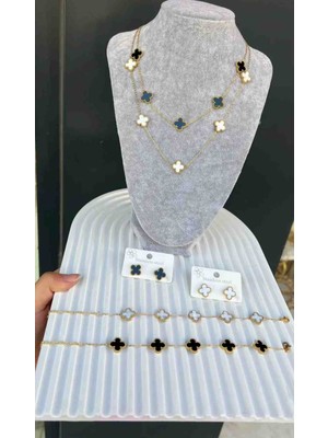 Gold Yonca Model Siyah Beyaz Kolye ve Bileklik Ikili Takım