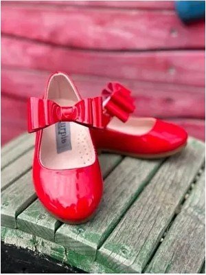Surpie Shoes Fiyonk Detaylı Bantlı Kadın Çocuk Babet Suni Deri Kauçuk Taban ile Günlük Kullanım İçin