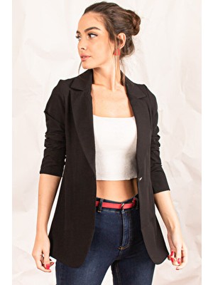 Armonika Kadın Siyah Tek Düğmeli Ceket ARM-20K001020 Uzun Kol Regular Kalıp Resmi Stil Dokuma Kumaş