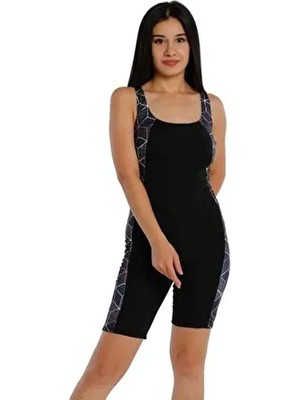 Uzun Şortlu Şeritli Desenli Yüzücü Mayo 6529 Siyah