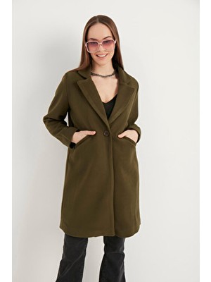 Meecy Kadın Haki Kaşe Kaban Polyester Malzeme ile Günlük Kullanıma Uygun Regular Kalıp