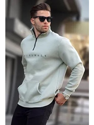 Madmext Mint Yeşili Kapüşonlu Sweatshirt Erkekler İçin Fermuar Yaka ve Kanguru Cep Özelliği
