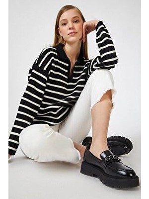 En Moda Kadın Polo Yaka Siyah Çizgili Triko Kazak Klasik Stil ile Rahat Kullanım İçin Tasarlandı