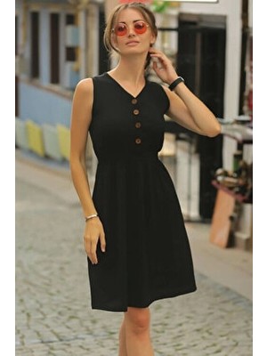 Kadın Siyah Beli Lastikli Üstü Düğmeli Elbise ARM-18Y001152