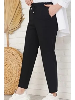 Beli Lastikli Kadın Bilek Boy Pantolon 1065 Siyah Pamuklu Orta Kalınlıkta Regular Fit