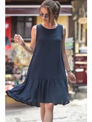 Armonika Kadın Lacivert Kolsuz Eteği Fırfırlı Günlük Elbise Yılbaşı Stili