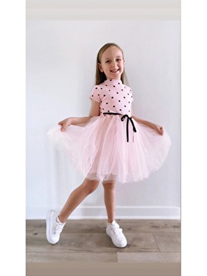 Şirin Şeyler Butiği Linda Kısa Kol Kız Çocuk Prenses Kabarık Toz Pembe Elbise Puantiyeli Esnek Likralı Tütülü Elbise Bayramlık Hediyelik