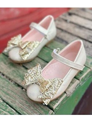 Surpie Shoes Kız Çocuk Ortopedik Dore Pullu Fiyonk Detaylı Babet Suni Deri Kauçuk Tabanlı Rahat Ayakkabı