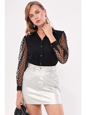 Armonika Kadın Siyah Kolları Tül Gömlek ARM-20K001068 Düz Desenli Dokuma Kumaş Regular Fit Stil