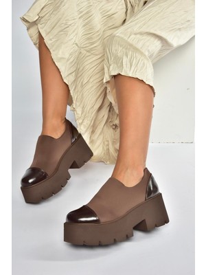 V272906404 Kahverengi Kumaş Kalın Tabanlı Kadın Ayakkabı