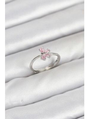 Pirinç Gümüş Renk Pembe Kelebek Kadın Yüzük - PRT3500EB09043