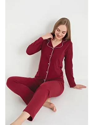 Sude Homewear Kadın Bordo Düğmeli Uzun Kol Pijama Takımı Desenli Rahat Silueti ile