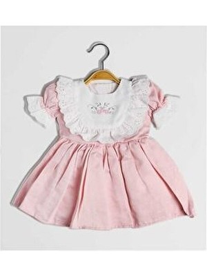 Isabella Kısa Kol Kız Çocuk Fistolu Çiçek Nakışlı Tül Astarlı Prenses Vintage Pudra Pembe Elbise