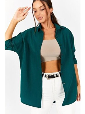 Kadın Koyu Yeşil Oversize Uzun Basic Gömlek ARM-22Y001118
