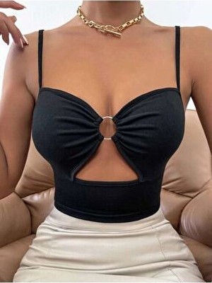 Rosy Live In Style Siyah Halkalı Ip Askılı Büstiyer Kapsız Düz Örme Kumaş ile Gün Boyu Destek