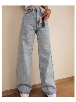 Q Power Likralı Kadın Açık Mavi Kar Yıkama Yüksek Bel Bol Paça Denim Kot Pantolon LVK-001040A