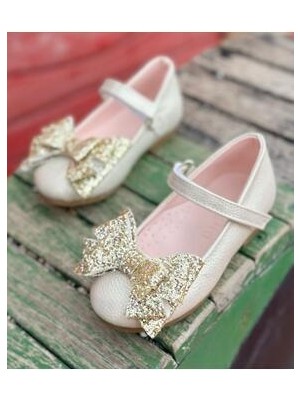 Surpie Shoes Dore Renkli Kız Çocuk Ortopedik Babet Suni Deri Malzemeden Kauçuk Tabanlı Fiyonk Detaylı