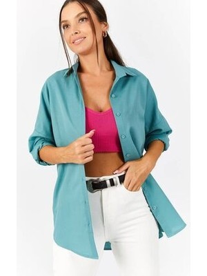 Kadın Yeşil Oversize Uzun Basic Gömlek ARM-22Y001118