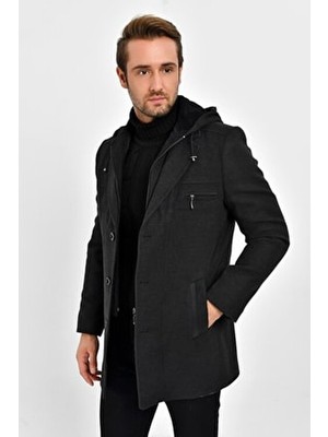 Erkek Füme Yün Karışımlı Kaşe Kapüşonlu Önü Fermuarlı ve Düğmeli Kaban