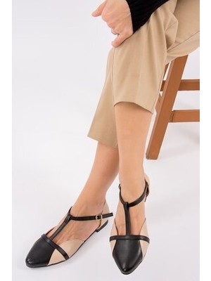 Fox Shoes Kadın Ten/Siyah Babet Suni Deri Düz Taban ile Günlük Kullanım İçin Rahat Ayakkabı