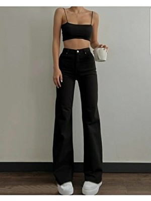 Livik Power Straight Fit Kadın Siyah Likralı Bol Paça Salaş Jeans Pamuk-Elastan Kumaş