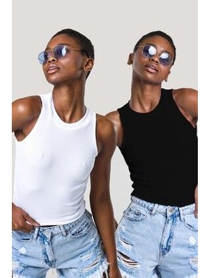 Catspy Kadın Slim Fit Halter Yaka 2'li Crop Bluz Pamuk Kumaş Siyah Beyaz Renk Seçeneği