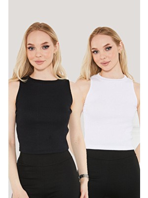 Catspy Kadın Halter Yaka Slim Fit 2'li Crop Bluz Likra Kumaş Siyah Beyaz Renkli Kolsuz Tasarım