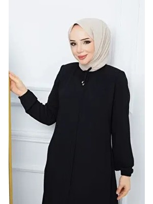 Moda Esre Fashion Tesettür Giyim Krep Kumaş Siyah Ferace Yaka Bağcıklı Düz Desenli İnce Viskon Karışımlı