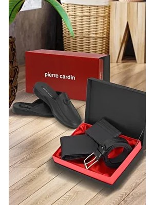 Pierre Cardin Erkek Günlük Terlik %100 Hakiki Deri Konforlu Cüzdan Kemer Seti - Rugan Kutulu