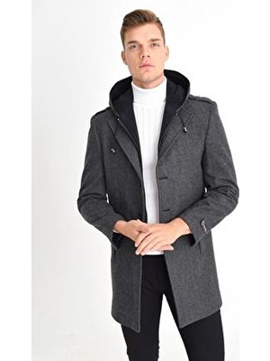 Erkek Füme Yün Karışımlı Desenli Kaşe Kapüşonlu Önü Fermuarlı ve Düğmeli Kaban