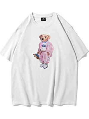 Trendiz Unisex Teddy Beyaz Tshirt Kısa Kol Pamuklu Günlük Stil Oversize Konforlu Tasarım
