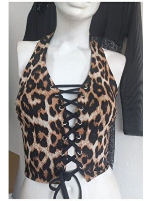 Rosy Live In Style Çapraz Bağcıklı Leopar Büstiyer Kapsız Kahverengi Örme Kumaş Kadın İçin Rahat Tasarım