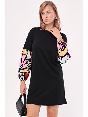 Kadın Siyah Geometrik Desenli Balon Kol Elbise ARM-20K001099
