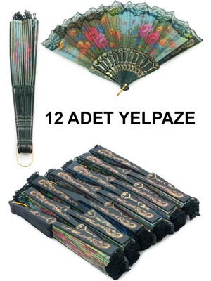 12 Adet Çiçekli Dantelli Katlanır Yelpaze, Hediyelik Doğal Serinletici - Siyah