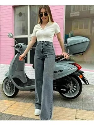 Kadın Füme Kar Yıkama Süper Yüksek Bel Likralı Bol Paça Denim Kot Pantolon