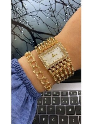 Spectrum Kadın Kol Saati Bileklik Metal Gold Rengi Kaburga Model 1 ATM Suya Dayanıklı Dijital/Analog