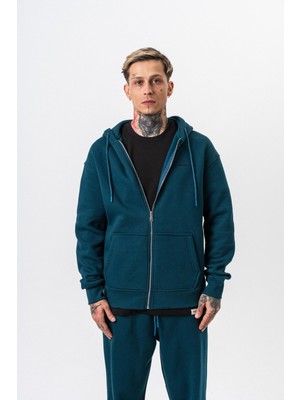 Erkek Respire Yazı Detaylı Kapüşonlu Basic Zip Oversize Hoodie Zümrüt