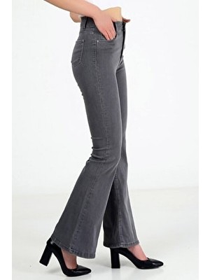 Ramrod Kadın Yüksek Bel Ispanyol Paça Gri Kot Pantolon Toparlayıcı Düz Desenli Pamuk - Elastan