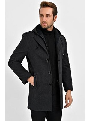 Erkek Siyah Yün Karışımlı Desenli Kaşe Kapüşonlu Önü Fermuarlı ve Düğmeli Kaban