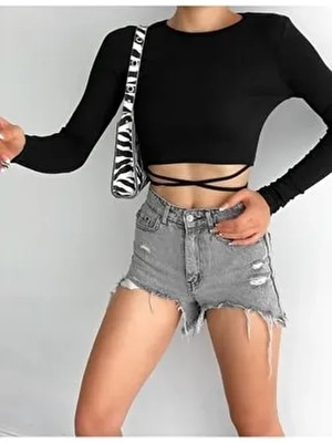 Qutta Siyah Uzun Kollu Crop Bluz, Fitilli, Bisiklet Yaka, Polyester-Pamuk Malzemeden Üretilmiştir