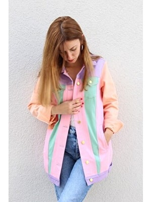 Renkli Gabardin Ceket, Kadın Rahat Mont, Pembe Mor Yeşil Mont
