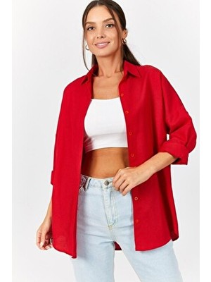 Kadın Kırmızı Oversize Uzun Basic Gömlek ARM-22Y001118