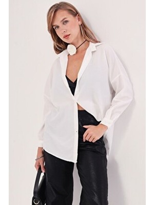 Kadın Ekru Oversize Uzun Basic Gömlek ARM-22Y001118