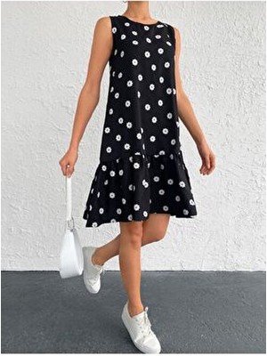 Kadın Siyah Papatya Desen Kolsuz Eteği Fırfırlı Elbise ARM-22Y001123