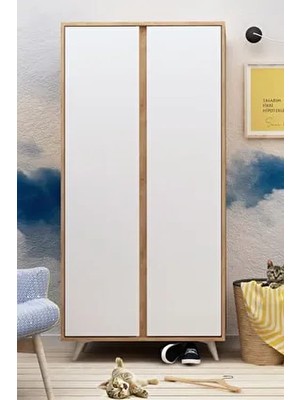 My Mob Ajumma 2 Kapaklı Gardırop Meşe Beyaz Suntalam Malzemeden Modern Tasarım