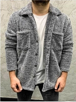 Insane Minds Unisex Düğmeli Pelüş Ceket Uzun Kol Cep Detaylı Gri Regular Kalıp Rahat Stil