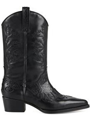 FootCourt Kadın Siyah Kovboy Çizmesi Deri Malzeme Orta Topuklu Konforlu Kullanım