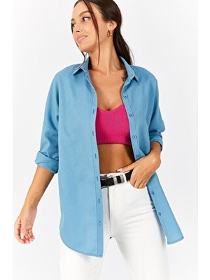 Kadın Buzmavi Oversize Uzun Basic Gömlek ARM-22Y001118
