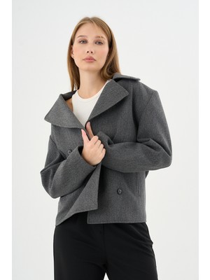 Kadın Oversize  Kruvaze Kaşe Mont Ceket Gri