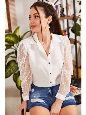 Armonika Kadın Beyaz Kolları Tül Gömlek Uzun Kol Regular Fit Düz Desen Dokuma Kumaş ARM-20K001068